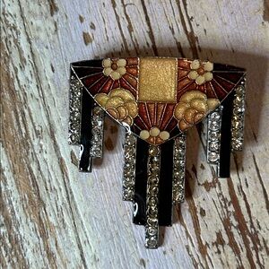 Pierre Bex of Paris Art Deco Crystal Rhinestones & Enamel Brooch Hanging Kimono